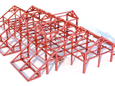 Red Frame Garden Ornaments Multiple Small Pavilion Like Structures for Garden Decor 3d model