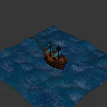 Wooden Pirate Ship With Blue Sails And Skull Emblem On Water Surface