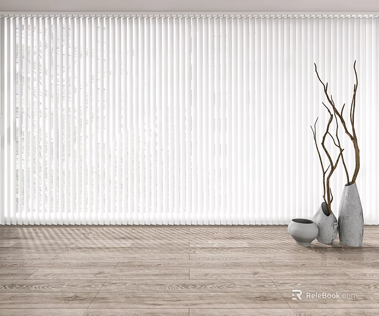 White Blinds Interior With Wooden Floor And Dried Branches In Vases 3d model 