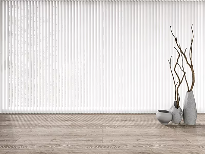 White Blinds Interior With Wooden Floor And Dried Branches In Vases 3d model