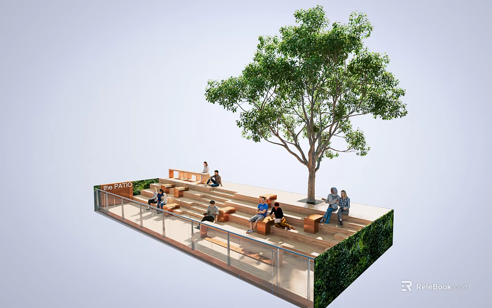 Serene Garden Landscape With Large Tree Wooden Benches And People Resting 3d model 