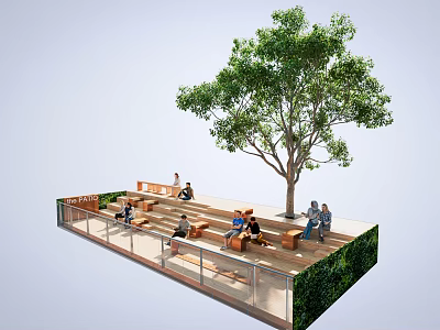 Serene Garden Landscape With Large Tree Wooden Benches And People Resting 3d model