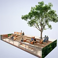 Serene Garden Landscape With Large Tree Wooden Benches And People Resting