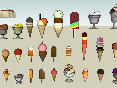 Different Types of Delicious Ice Cream Treats Including Cones Popsicles Sundaes and Cakes 3d model