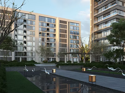 Modern Residential Building with Glass Facades Surrounded by Greenery Pond and Swan Sculptures 3d model