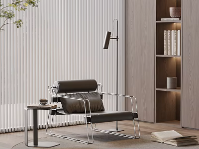 Modern Minimalist Leisure Chair With Black Leather Seat Metal Frame And Side Table Floor Lamp 3d model
