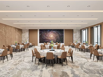 Banquet Hall Interior Design With Round Dining Tables Brown Chairs Starry Backdrop And Patterned Carpet 3d model