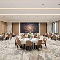 Banquet Hall Interior Design With Round Dining Tables Brown Chairs Starry Backdrop And Patterned Carpet