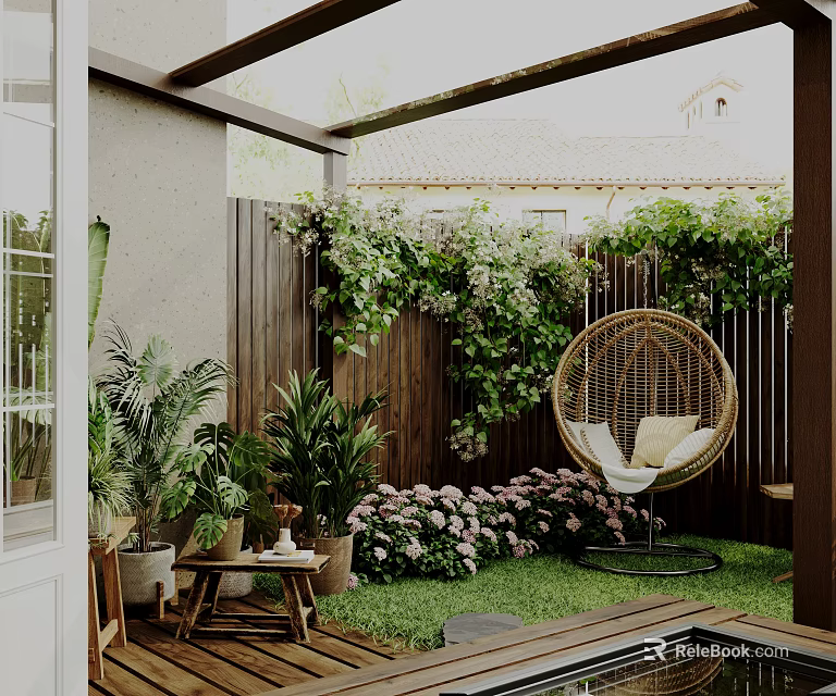 Cozy Backyard Garden With Lush Plants And Hanging Chair 3d model 