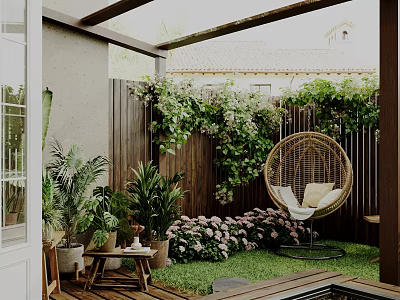 Cozy Backyard Garden With Lush Plants And Hanging Chair 3d model