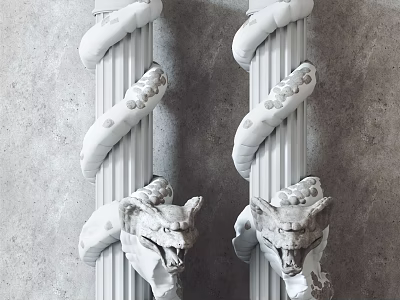 White Stone Roman Columns With Spiral Ornate Design And Wolf Head Sculptures 3d model