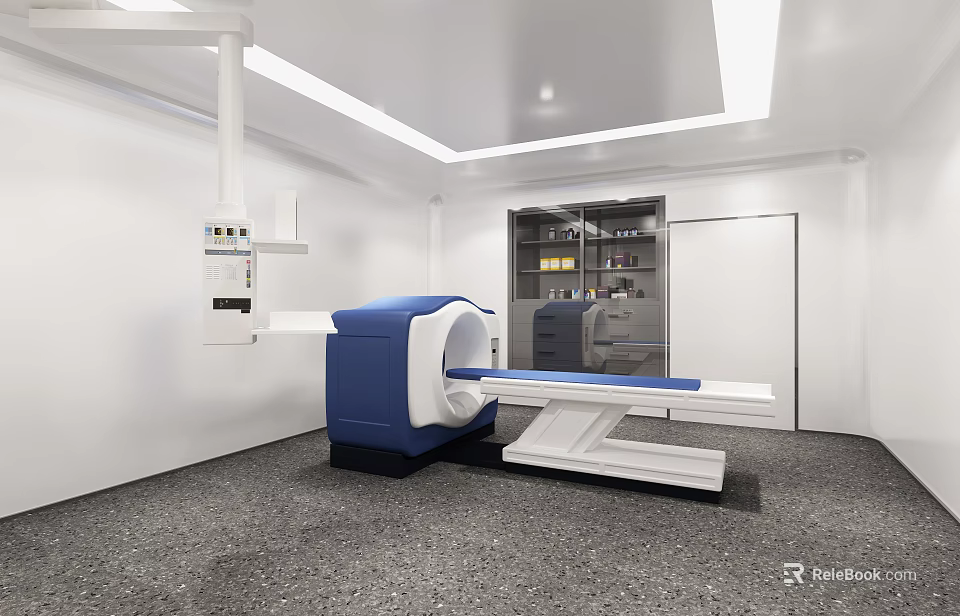 Modern Medical Imaging Room With Blue CT Scanner Examination Table White Walls And Ceiling Lights 3d model 