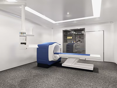 Modern Medical Imaging Room With Blue CT Scanner Examination Table White Walls And Ceiling Lights 3d model