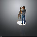 Man With Large Dog Standing And Hugging Its Front Legs On White Platform Gray Background