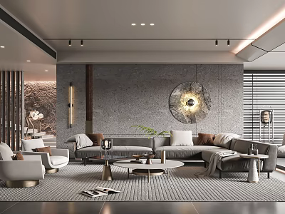 Modern Living Room Featuring Gray Wall Round Decorative Mirror Sofa Throw Pillows And Accent Chairs 3d model