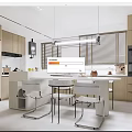 Modern Restaurant Open Kitchen Design With Wooden Cabinets White Island Chairs Pendant Lights And Blinds