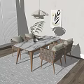 Modern Dining Table Set with Marble Top and Wicker Chairs and Potted Plant Natural Light