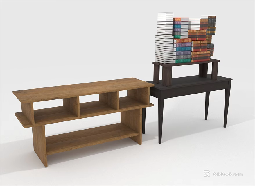 Modern Wooden Multi tier Shelf And Black High Table With Stacked Books Design 3d model 