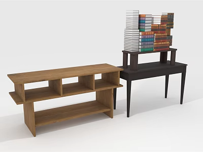 Modern Wooden Multi tier Shelf And Black High Table With Stacked Books Design 3d model