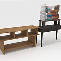 Modern Wooden Multi tier Shelf And Black High Table With Stacked Books Design