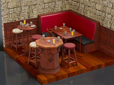 Cartoon Scene of Cozy Indoor Setting With Stone Walls Red Booth Wooden Tables and Stools 3d model