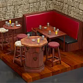 Cartoon Scene of Cozy Indoor Setting With Stone Walls Red Booth Wooden Tables and Stools