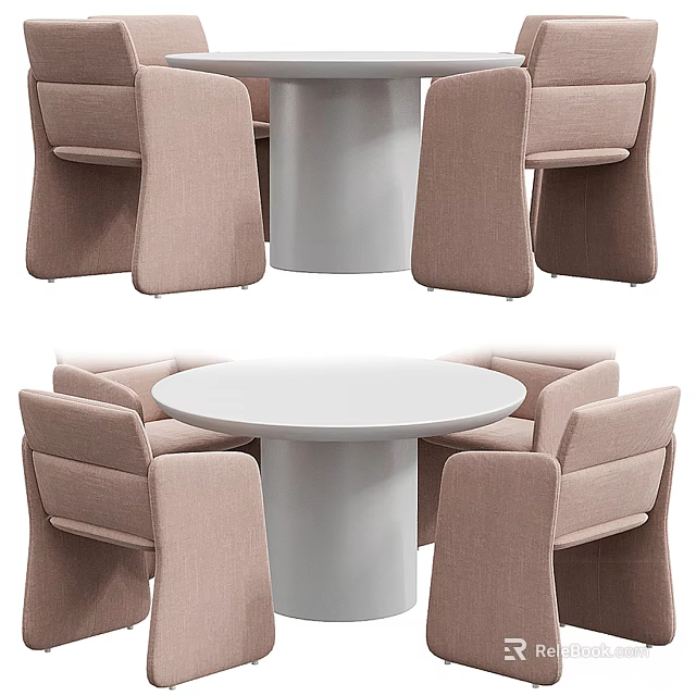 Modern Round White Dining Table Set With Beige Upholstered Chairs 3d model