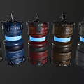 Various Military Grenades With Blue Glowing Elements And Labels Including SHOCK ICEX MODERN CLASSIC
