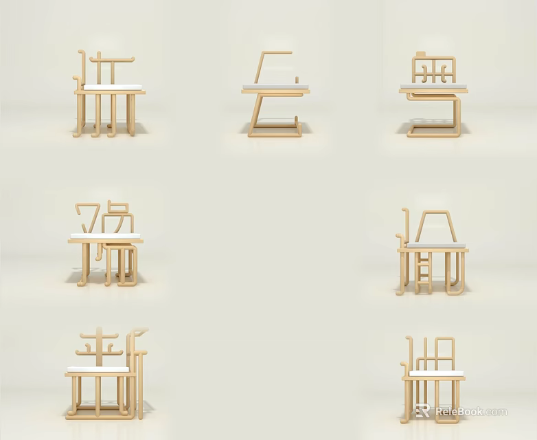 Various Designed Single Chairs With Wooden Frames And White Seats In Minimalist Style 3d model 