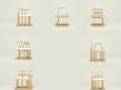 Various Designed Single Chairs With Wooden Frames And White Seats In Minimalist Style 3d model
