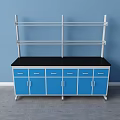 Functional Work Desk With Blue Cabinets Black Countertop And Metal Shelves