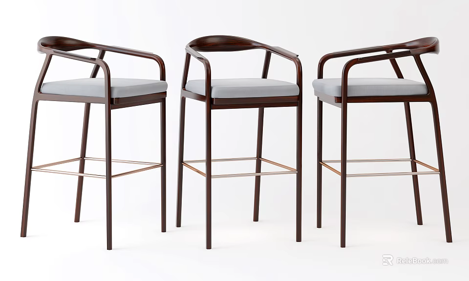Three Modern Bar Stools With Wooden Frame Gray Cushion And Metal Footrest 3d model 
