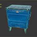 Blue Wheeled Trash Bin With Lid And Worn Exterior Details