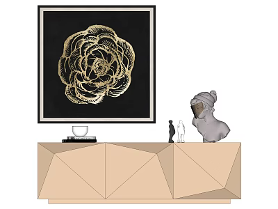 Modern Interior Decor With Golden Flower Painting Black Background And Geometric Beige Cabinet 3d model