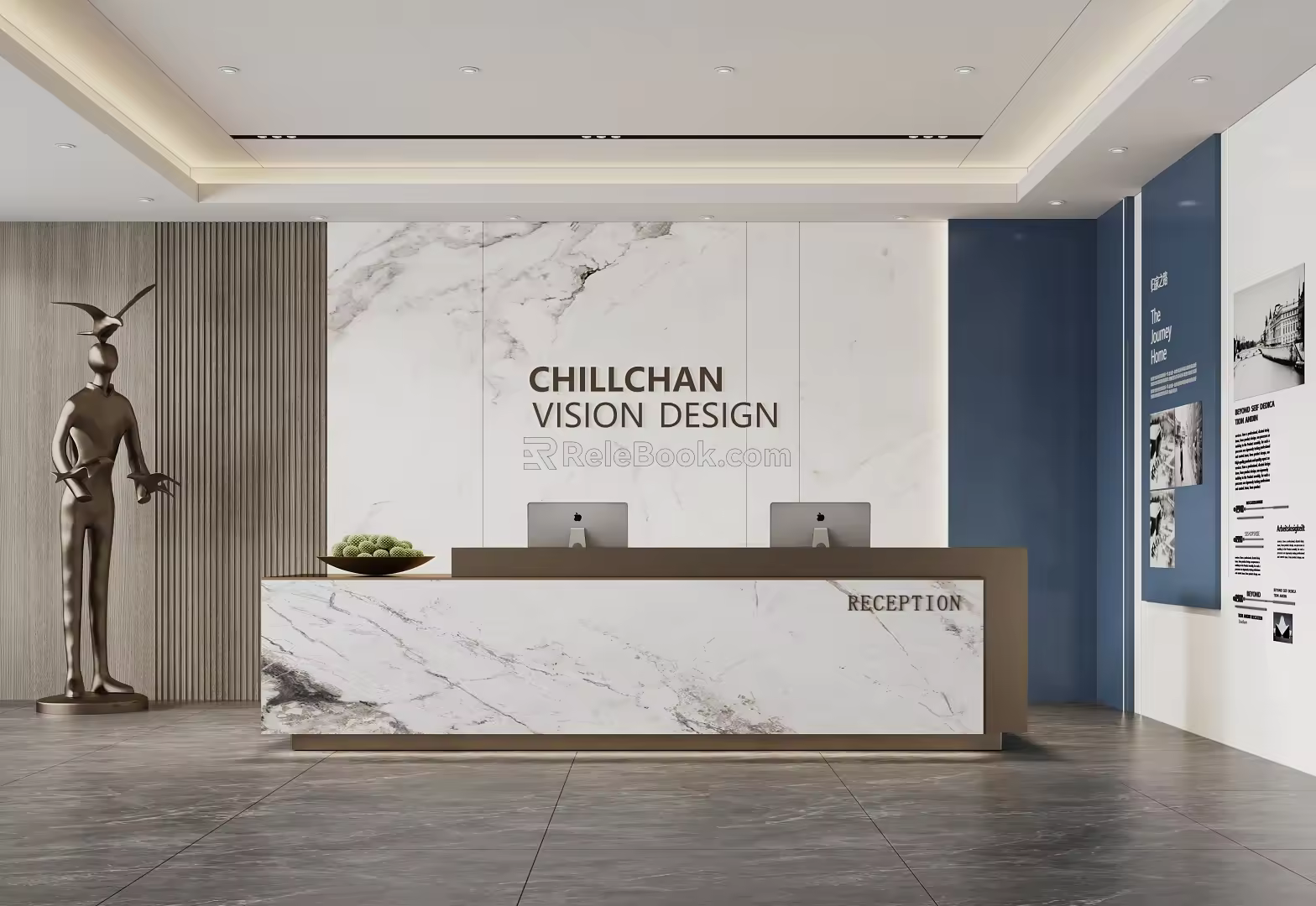 Modern company front desk background wall sofa reception area sofa chandelier 3d model