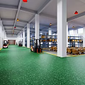Industrial Warehouse Interior With Forklift Green Floor White Pillars And Storage Racks