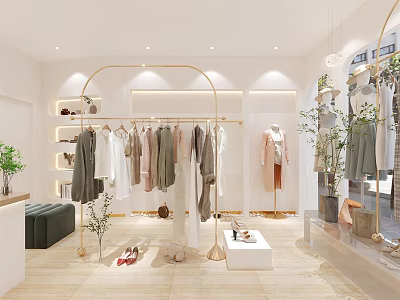 Modern Fashion Clothing Store Interior With Hanging Apparel Mannequins Green Plants And Lighting 3d model