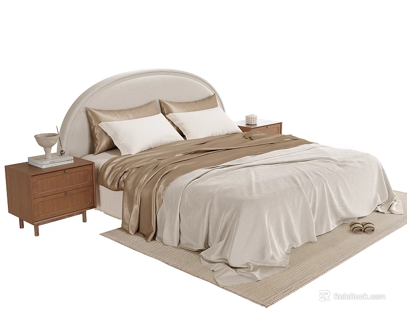 Double Bed With Curved Light Beige Headboard Wooden Nightstands And Brown Blanket 3d model 