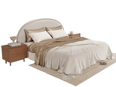 Double Bed With Curved Light Beige Headboard Wooden Nightstands And Brown Blanket 3d model