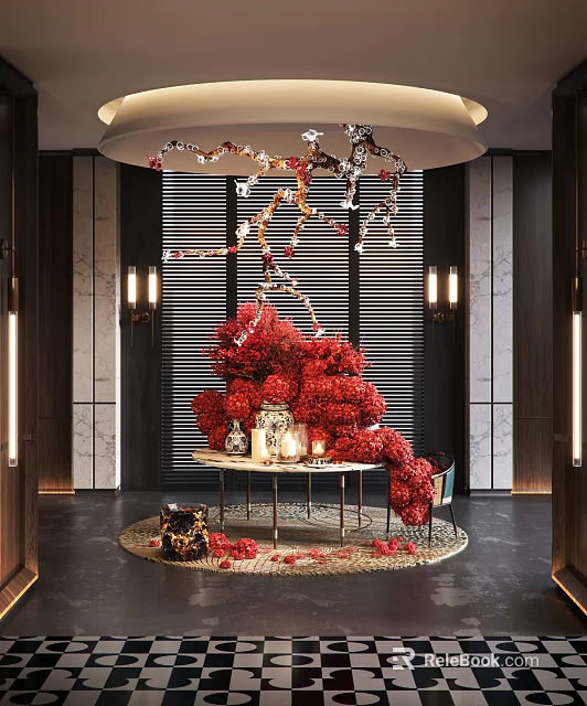 Hotel Lobby Interior With Opulent Chandelier And Large Red Floral Arrangement On Marble Table 3d model 