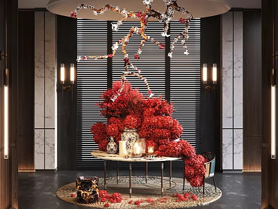 Hotel Lobby Interior With Opulent Chandelier And Large Red Floral Arrangement On Marble Table 3d model