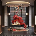 Hotel Lobby Interior With Opulent Chandelier And Large Red Floral Arrangement On Marble Table