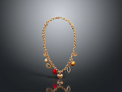 Elegant Golden Chain Necklace With Colorful Pendants Red Beads And Charms 3d model