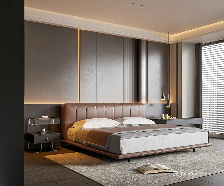 Modern Bedroom Interior With Leather Bedhead Double Bed White Sheets And Bedside Lamps 3d model