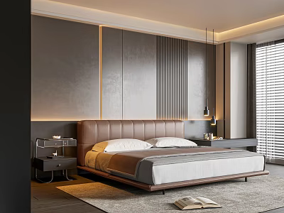 Modern Bedroom Interior With Leather Bedhead Double Bed White Sheets And Bedside Lamps 3d model