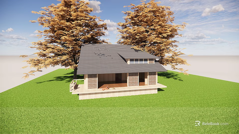 Wooden House With Gray Roof And Steps Surrounded By Golden Leaf Trees On Green Lawn 3d model 
