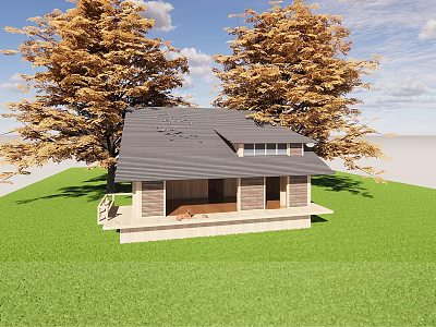 Wooden House With Gray Roof And Steps Surrounded By Golden Leaf Trees On Green Lawn 3d model