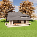 Wooden House With Gray Roof And Steps Surrounded By Golden Leaf Trees On Green Lawn