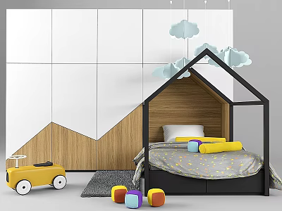 House Shaped Kids Bed with Black Frame Cloud Pendant Lights and Wooden Geometric Wall 3d model