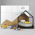 House Shaped Kids Bed with Black Frame Cloud Pendant Lights and Wooden Geometric Wall